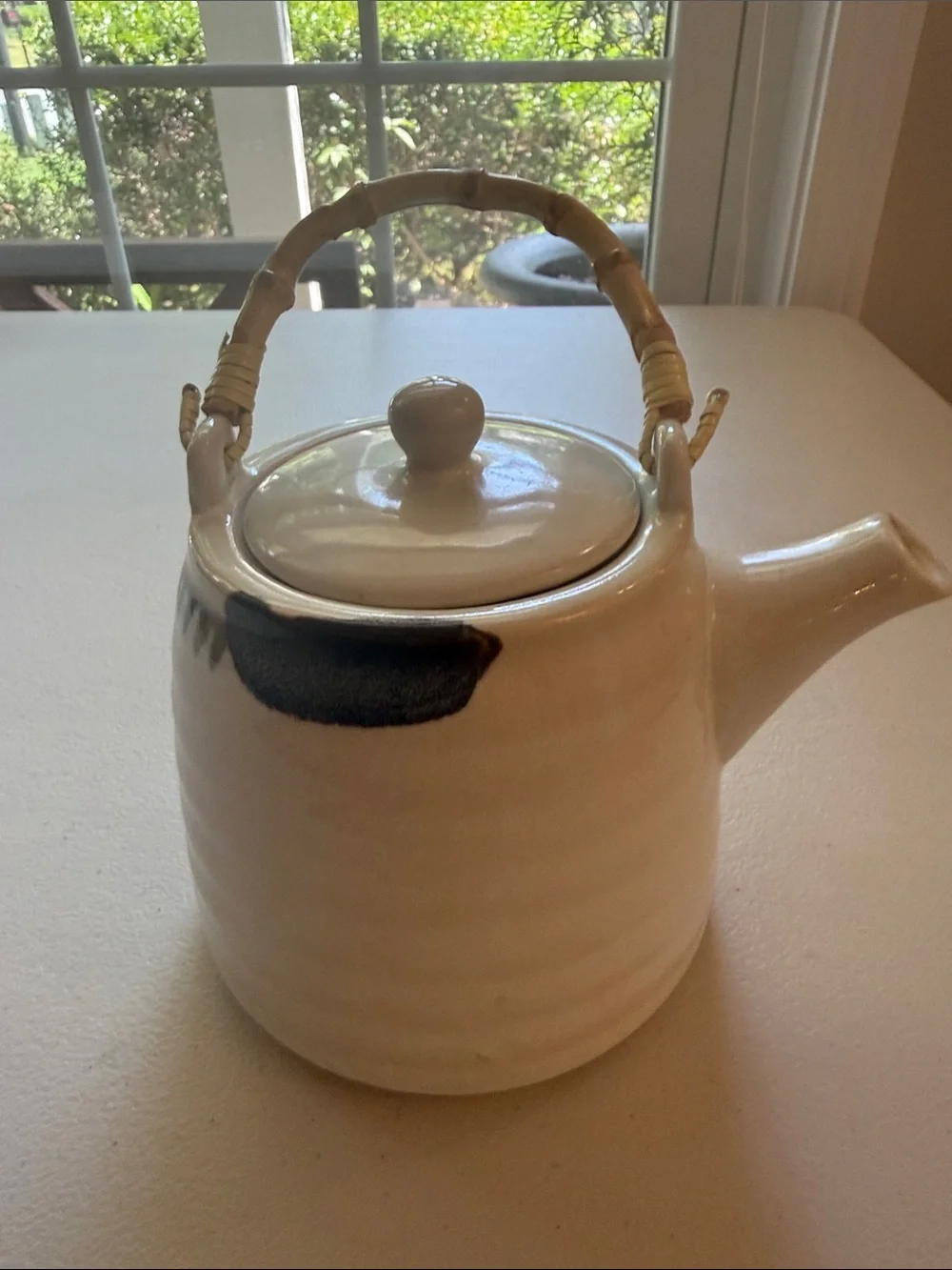 Cost Plus World Market Cream Ceramic Teapot with Bamboo Handle Dark Blue Accents